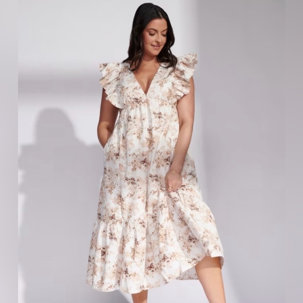 Abercrombie & Fitch - Size Small - Brown and White Flutter Sleeve Midi Dress